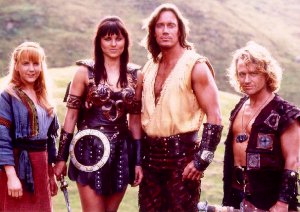 L to R -- Gabrielle, Xena, Hercules, Iolaus